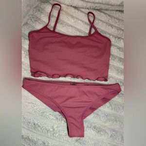 Ribbed Pink Bikini Set with Ruffle Hem Top